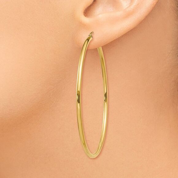 2mm, 14k Yellow Gold Classic Round Hoop Earrings, 55mm (2 1/8 Inch) - Picture 3 of 5